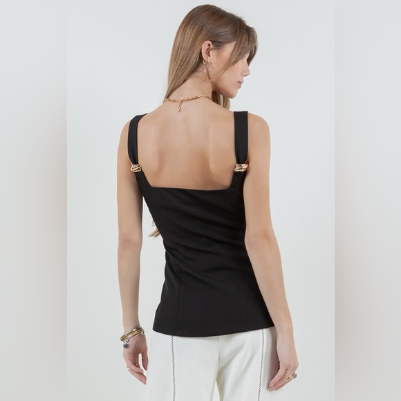 Black Structured Vest Top Gold Hardware Tailored Sleeveless Quiet Luxury Chic - Picture 5 of 5
